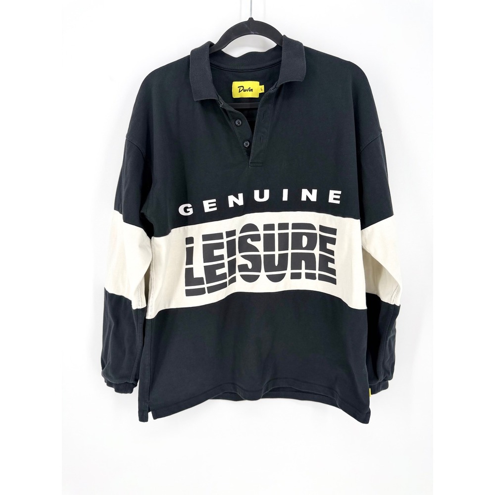 Duvin Revolve Genuine Leisure Black Cream Colorblock Long Sleeve Graphic Polo, L